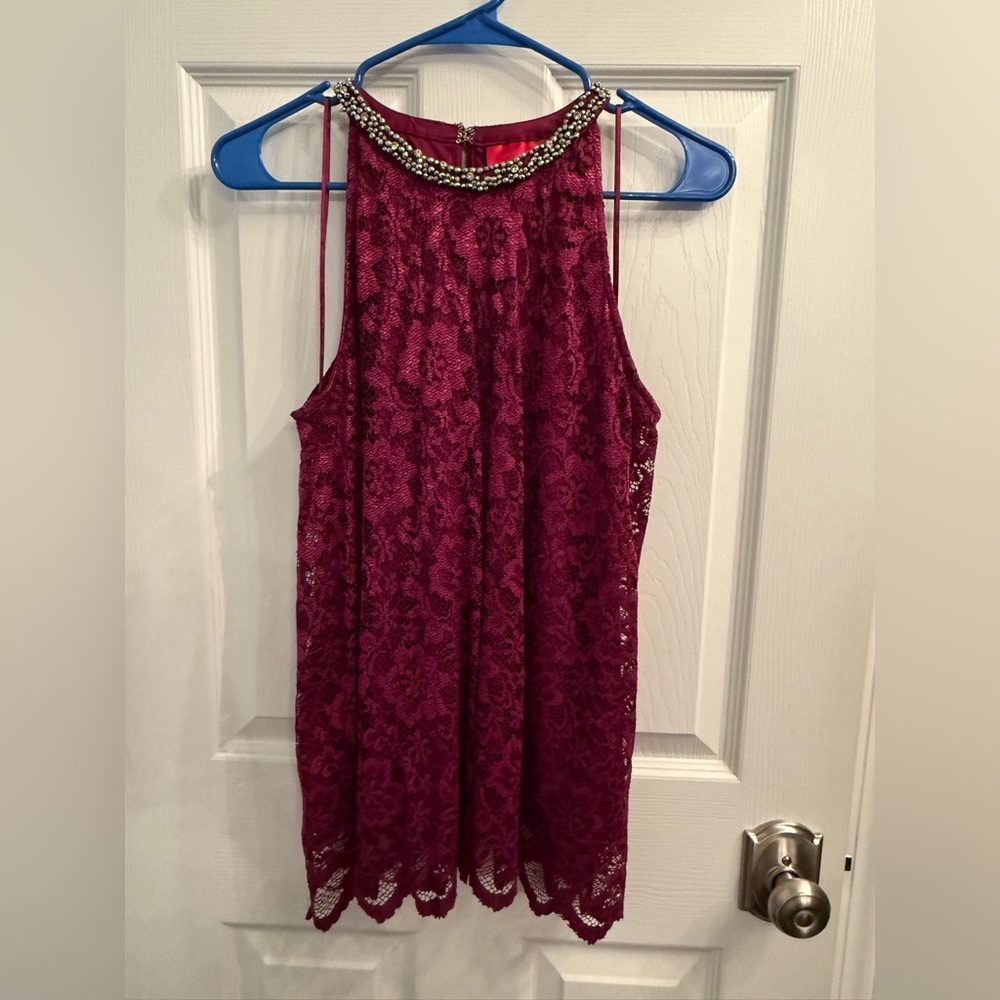 Jennifer Lopez Deep Purple/Wine Colored Lace Top with Embellished Neckline